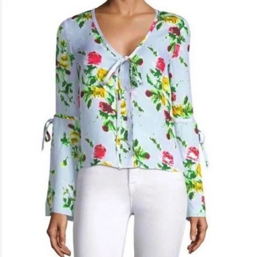 Milly Maggie Rose Print 100% Silk Bell Sleeve Lightweight Blouse